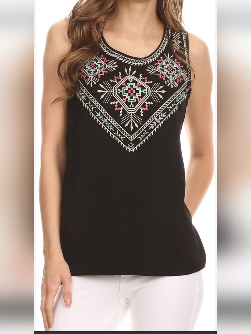 Sakkas Black Tank Top with Pink & Turquoise Embroidered Yoke Size 3XL.